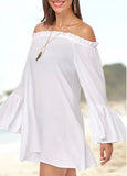 Trendy Shouder Flare Sleeve White Dress