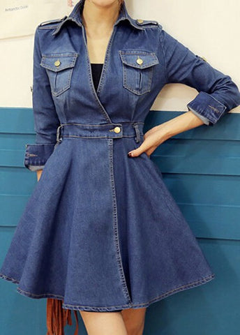 Stunning Waist Turndown Collar Blue Mini Dress
