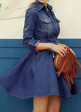 Stunning Waist Turndown Collar Blue Mini Dress