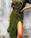 green flower leopard print high waist stretch split long A skirt