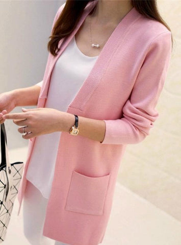 Women Long Cardigan Korean Slim Pocket Loose Knit Sweater