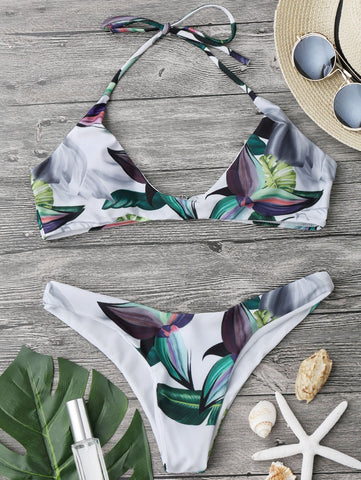 Halter Tropical Leaf Print Bikini