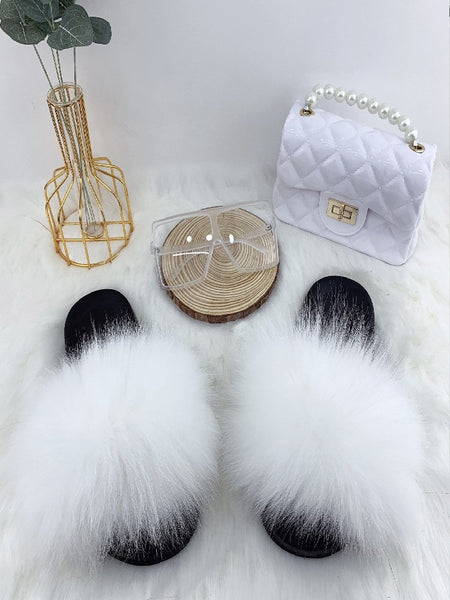 WHITE FASHION WOMEN FOX FUR REAL FUR SLIPPERS