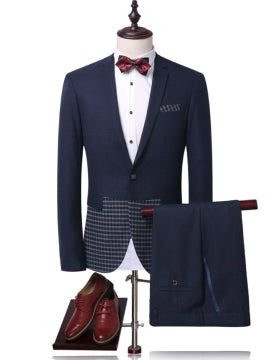  Plaid Slim Men's Dress Suit Notched Collar One Button Patchwork 