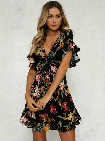 Deep V-Neck Black Flower Print Dresses Hem Folds Bohemian 