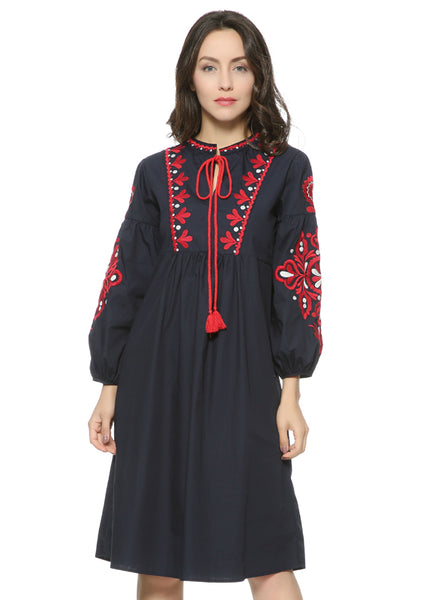 Women Vintage Floral Embroidery Dress Drawstring Tie Tassels Long Sleeve