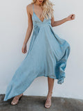 Blue Deep V-Neck Solid Color Spaghetti-neck Maxi Dress