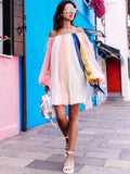 Rainbow Striped Off-the-shoulder Puff Sleeves Mini Dress