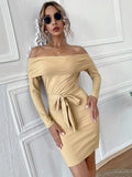 OFF THE SHOULDER LONG-SLEEVED KNITTED DRESS
