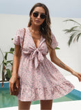 FLORAL FLOUNCES DEEP V-NECK SHORT SLEEVES CHIFFON