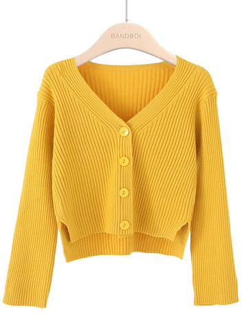 SHORT LONG SLEEVES BREASTED SOLID COLOR KNIT CARDIGAN