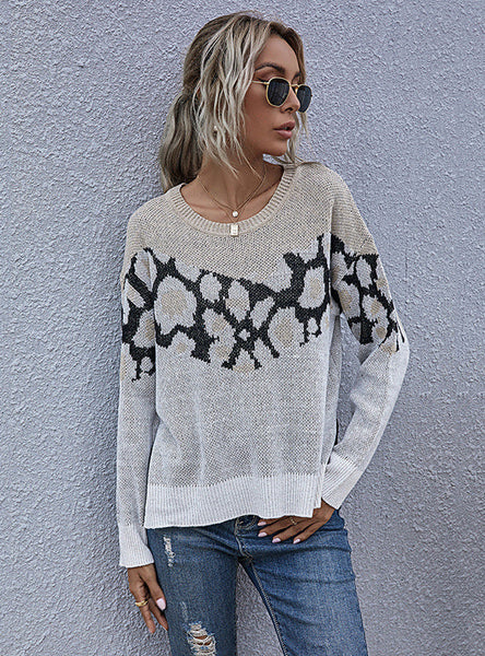 PRINT CREW NECK PULLOVER SWEATER