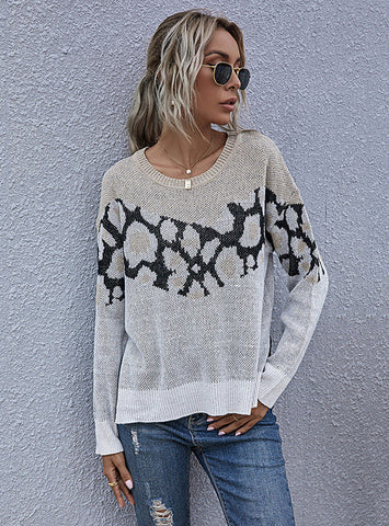 PRINT CREW NECK PULLOVER SWEATER