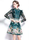 BEADED SEQUIN LACE MESH SLEEVE STITCHING DRESS