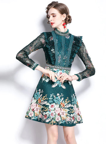 BEADED SEQUIN LACE MESH SLEEVE STITCHING DRESS