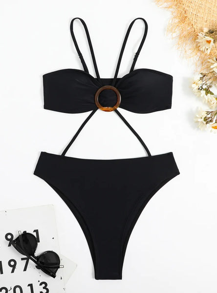 SOLID COLOR CROSS TIED ROPE TUBE TOP ONE-PIECE SWIMSUIT