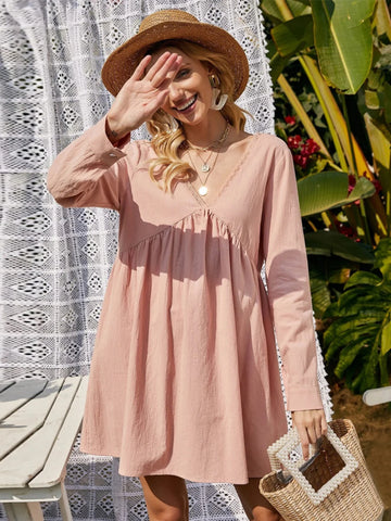 LOOSE CASUAL V-NECK LONG SLEEVE DRESS