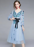 BLUE GAUZE EMBROIDERED TULLE DRESS