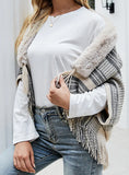 CAPE FRINGED CARDIGAN FUR COLLAR COAT