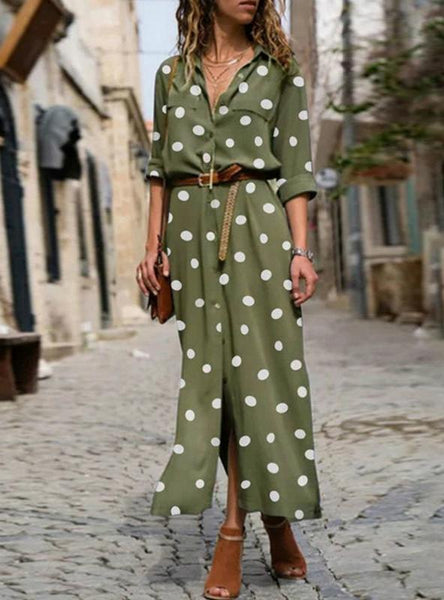 DOT PRINT LONG SLEEVE BUTTON LONG DRESS