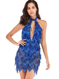 V-NECK HALTER BACKLESS FRINGED SEQUINED DRESS