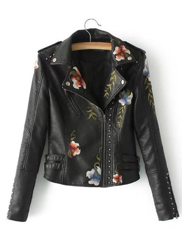 WOMEN EMBROIDERY FAUX LEATHER PU JACKET
