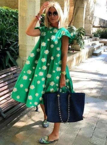 WOMEN PRINT OVERSIZED FLARED SLEEVES MAXI DRESS