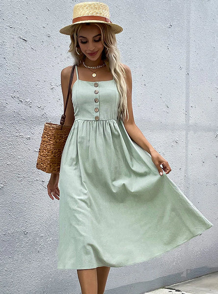 BUTTON SLING SLEEVELESS A-LINE DRESS