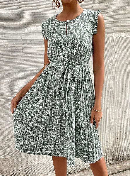 CASUAL SLEEVELESS LACE-UP PLEATED FLORAL DRESS