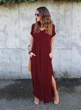 WOMEN'S POCKET LONG DRESS SHORT SLEEVE SPLIT MAXI DRESSES