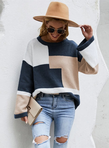 ROUND NECK COLOR MATCHING PULLOVER LONG SLEEVE SWEATER