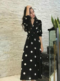V-NECK LADIES LONG DRESS CASUAL HALF SLEEVE DOT DRESS