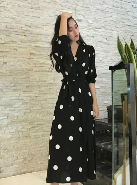 V-NECK LADIES LONG DRESS CASUAL HALF SLEEVE DOT DRESS