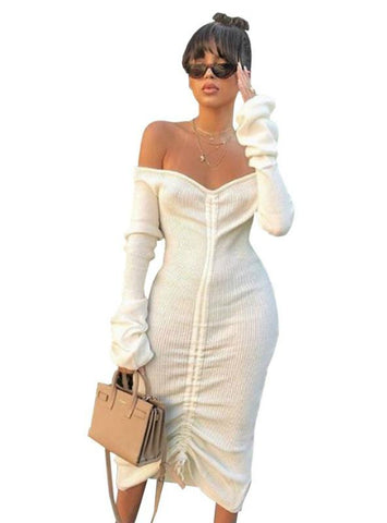 WOMEN WHITE SLASH NECK LONG SLEEVE CLUB PARTY DRESS