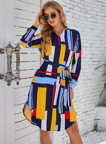 LARGE SIZE COLLAR COLOR BLOCK BELT DESIGN DRESS