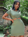 HOLLOW TWISTED SLIM SHORT SLEEVE DRESS