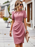 SOLID COLOR ROUND NECK SHORT SLEEVE DRESS