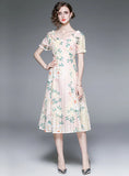 HOLLOW LACE EMBROIDERED WAIST PRINT DRESS