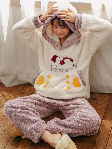 PURPLE MUSIC PIG CORAL VELVET PAJAMAS THICKEN WARM CATIONIC