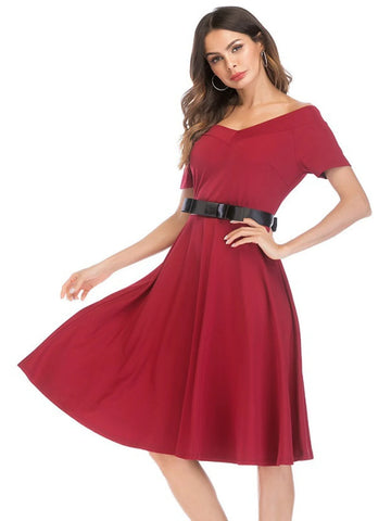 DEEP V-NECK SHORT-SLEEVED RETRO DRESS