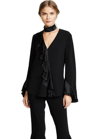 SOLID BLACK SATIN SHIRT DEEP V-NECK HALTER LONG RUFFLES SLEEVE