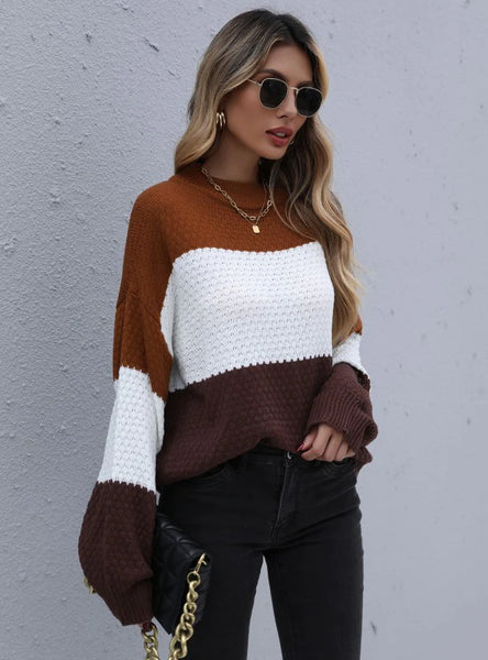 LOOSE COLOR MATCHING SWEATER ROUND NECK PULLOVER