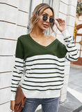 V-NECK STRIPED COLOR MATCHING SWEATER