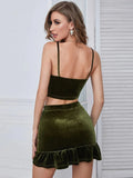PLEATED SUSPENDER SKIRT VELVET TWO-PIECE SUIT