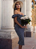 SHOULDER SHORT SLEEVE POLKA DOT DRESS