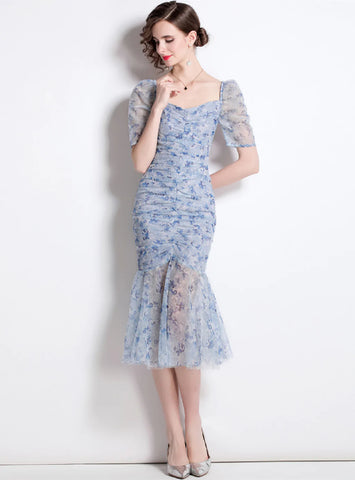 SQUARE COLLAR PLEATED GAUZE FLORAL DRESS