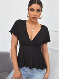 V-NECK SILM WAIST T-SHIRT SHORT SLEEVE SHIRT