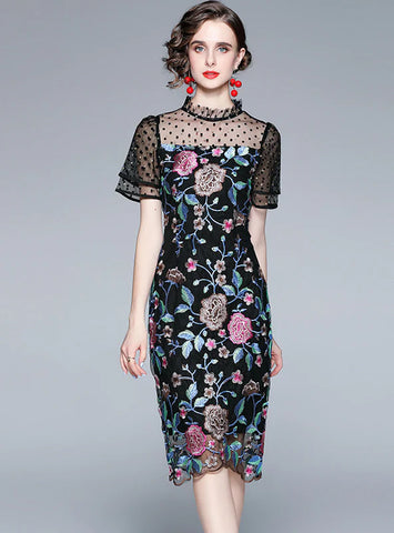 HEAVY EMBROIDERY MESH STITCHING SLIM DRESS