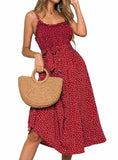 WOMEN BOW BUTTON SLEEVELESS SPAGHETTI STRAP DRESS