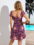 BOHEMIAN PRINTED LANTERN SLEEVE PLEATED DRESS
